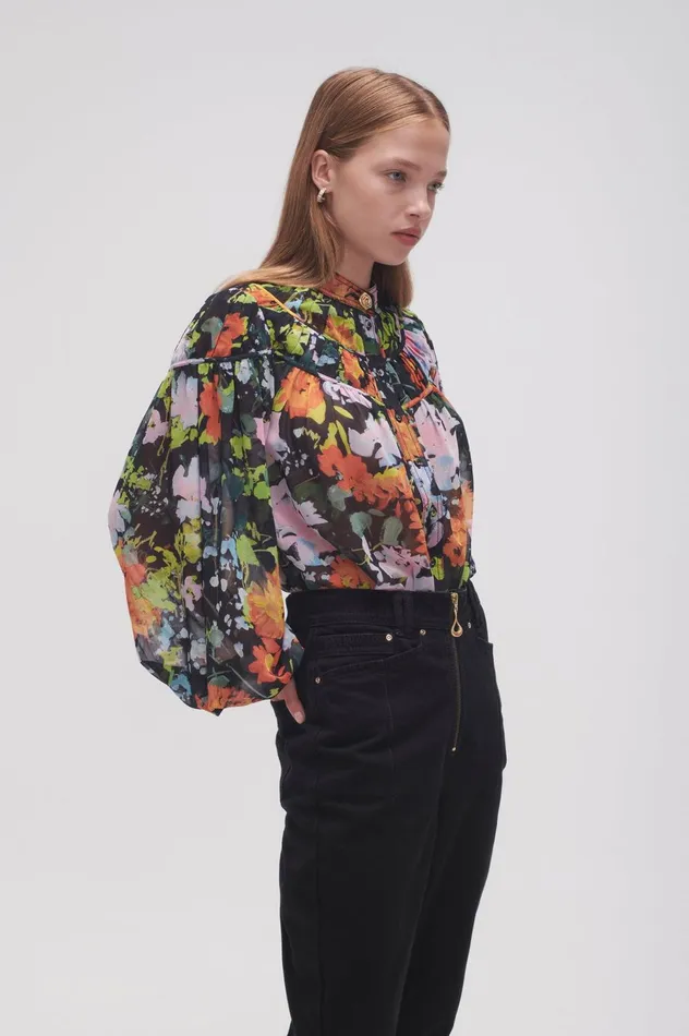 Nellie Ruched Swing Blouse Midnight Floral Women Aje Tops