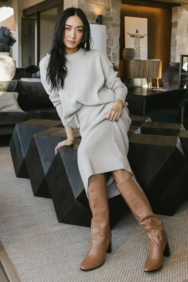 Noelle Waffle Knit Sweater In Taupe Taupe Women Bohme Sets