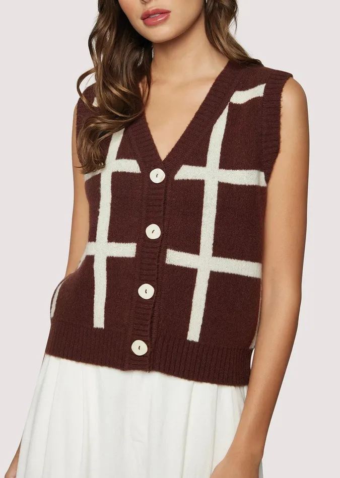 Off The Grid Vest Darkbrowngrid Women Lost Wander Sweaters