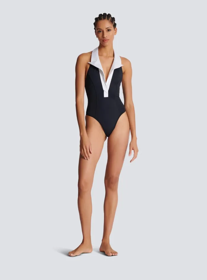 Onepiece Swimsuit With Contrasting Collar Black Women Balmain Swimwear