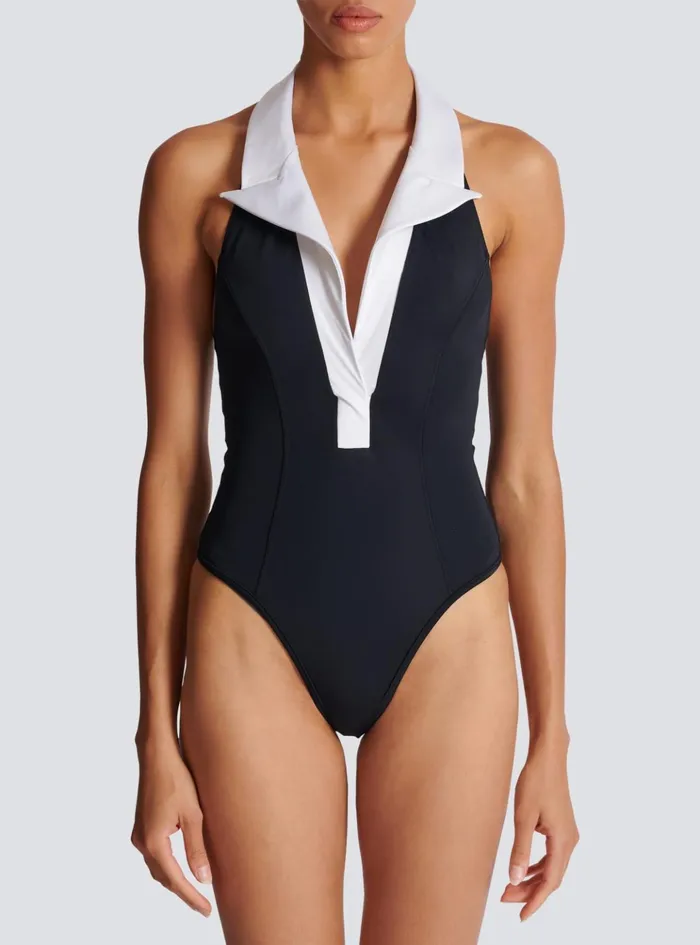 Onepiece Swimsuit With Contrasting Collar Black Women Balmain Swimwear