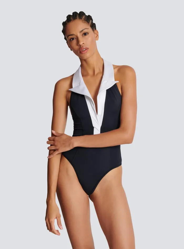 Onepiece Swimsuit With Contrasting Collar Black Women Balmain Swimwear