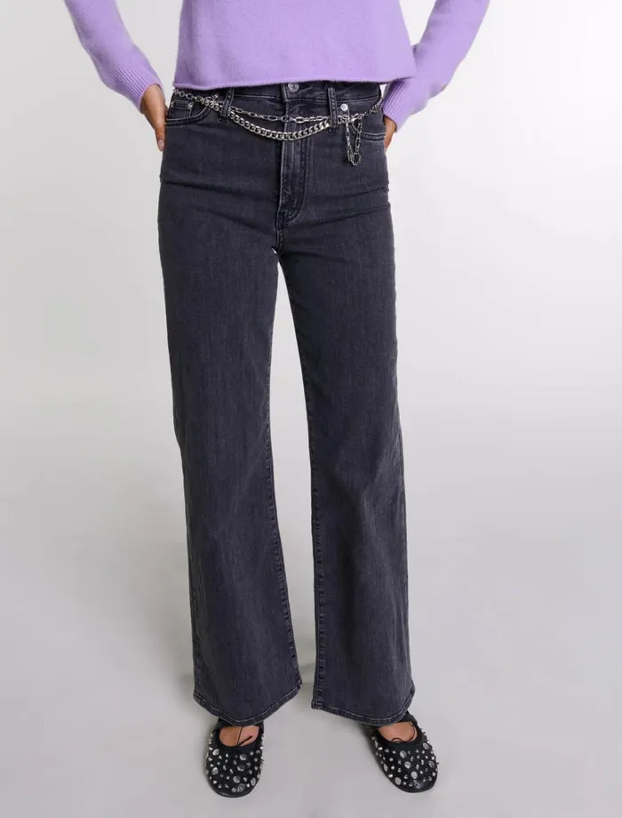 Pants and Jeans Women Maje Black Belted Baggy Jeans Black