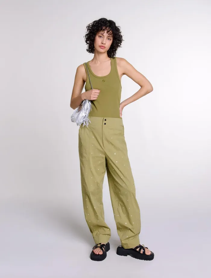 Pants and Jeans Women Maje Studded Baggy Trousers Khaki