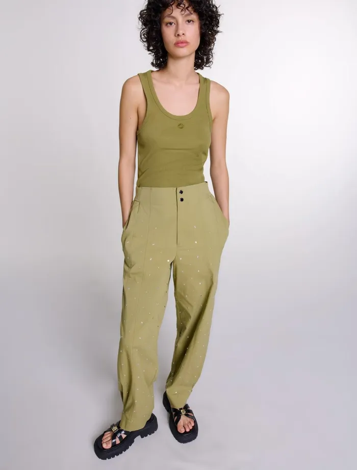 Pants and Jeans Women Maje Studded Baggy Trousers Khaki