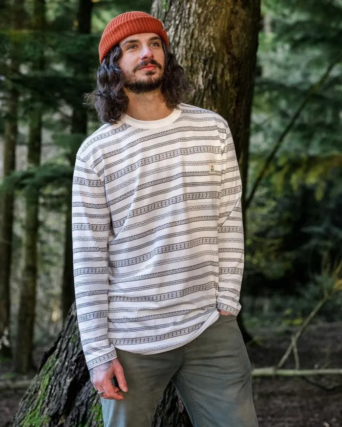 Passenger Clothing Crackle Organic Relaxed Fit LS TShirt White Fairisle Stripe Men TShirts and Vests