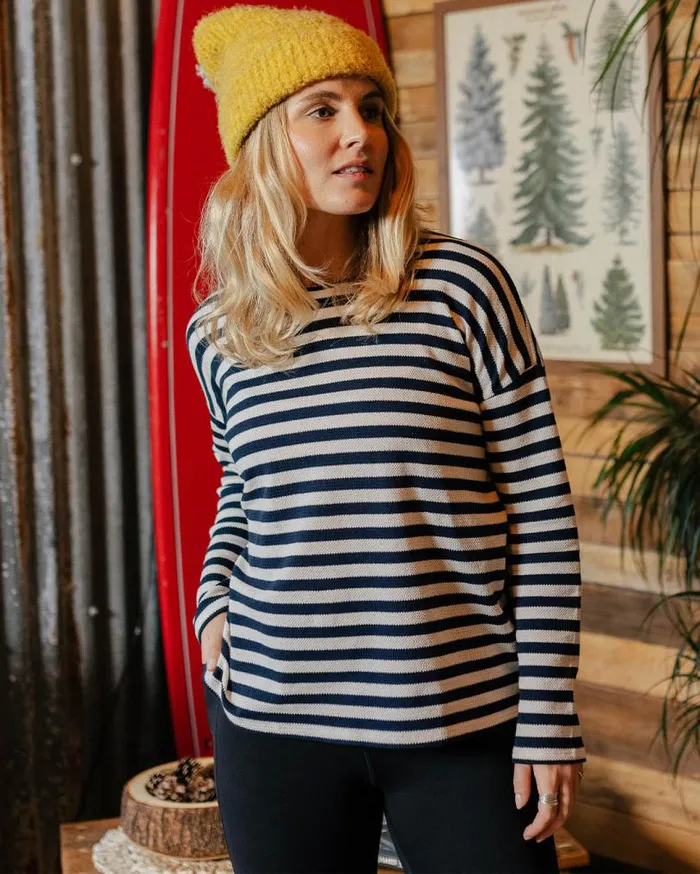 Passenger Clothing Panorama Striped LS TShirt Deep Navy Women Tops and TShirts