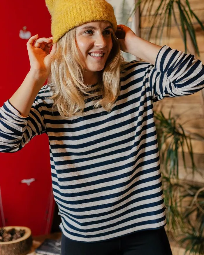 Passenger Clothing Panorama Striped LS TShirt Deep Navy Women Tops and TShirts