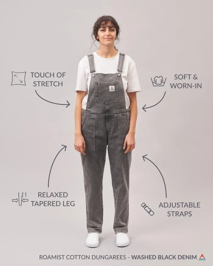 Passenger Clothing Roamist Organic Cotton Dungarees Washed Black Denim Women Dungarees and Trousers