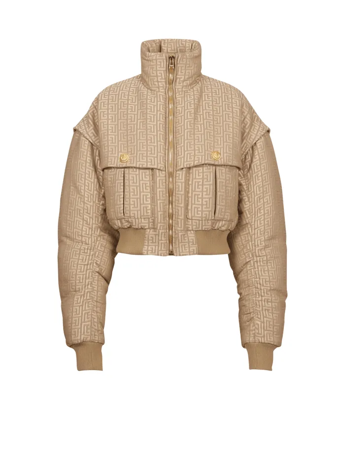 PB Labyrinth Cropped Jacquard Bomber Beige Women Balmain Outerwear