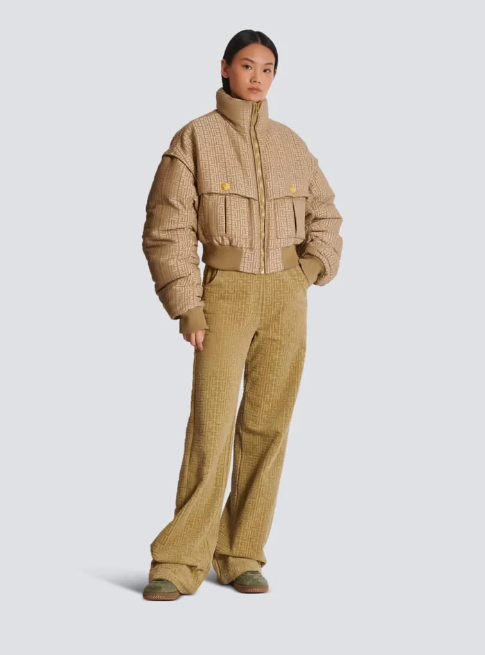 PB Labyrinth Cropped Jacquard Bomber Beige Women Balmain Outerwear