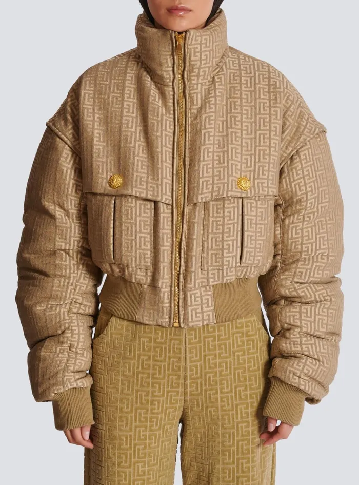 PB Labyrinth Cropped Jacquard Bomber Beige Women Balmain Outerwear