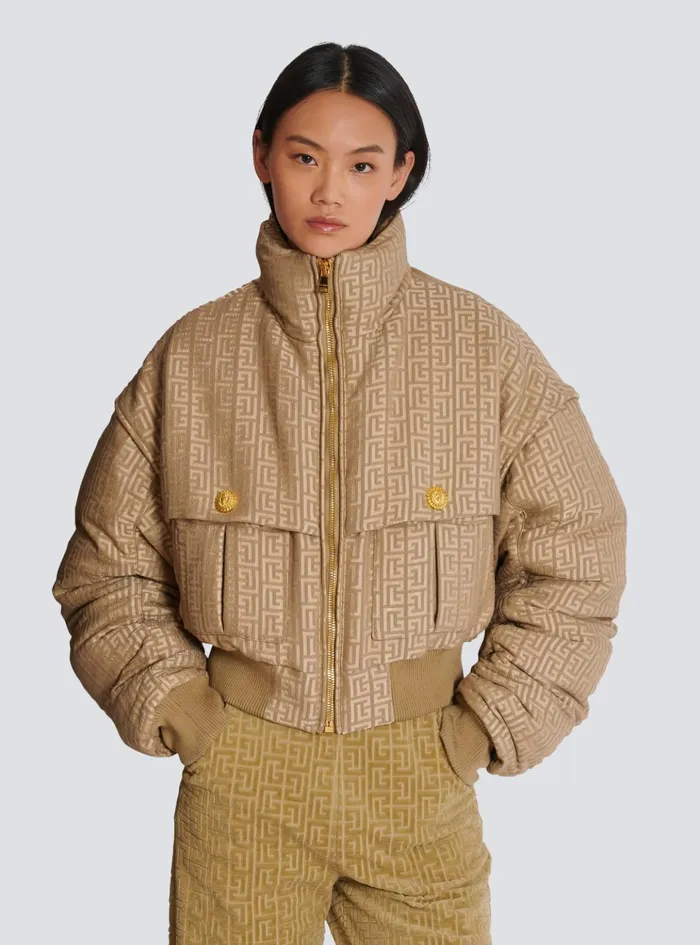 PB Labyrinth Cropped Jacquard Bomber Beige Women Balmain Outerwear