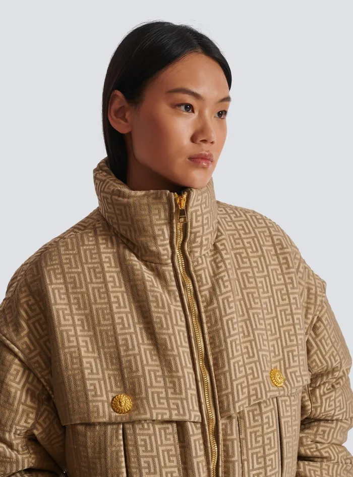 PB Labyrinth Cropped Jacquard Bomber Beige Women Balmain Outerwear