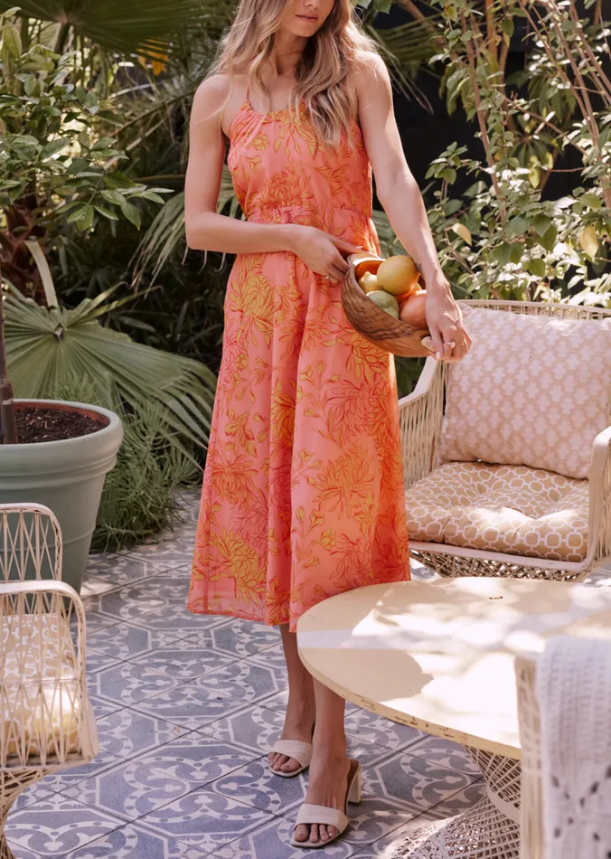 Peony Delight Midi Dress Orangefloral Women Lost Wander Dresses