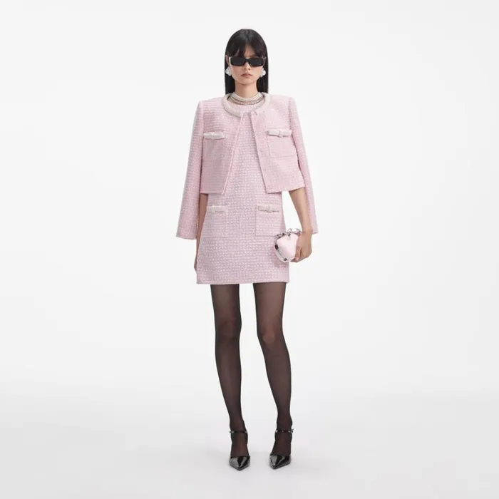 Pink Boucle Pearl Trim Mini Dress Women Self Portrait Dresses Pink Boucle Pearl Trim Mini Dress Women Self Portrait Dresses