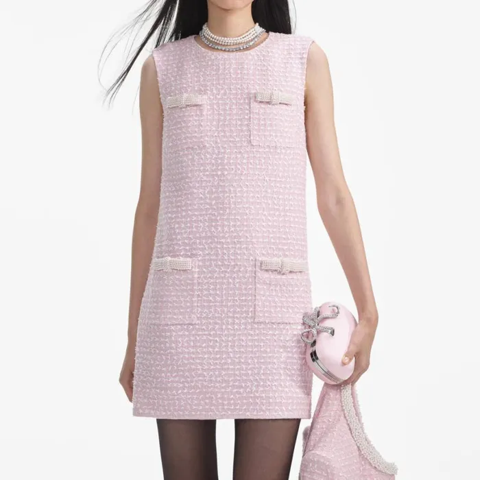 Pink Boucle Pearl Trim Mini Dress Women Self Portrait Dresses Pink Boucle Pearl Trim Mini Dress Women Self Portrait Dresses