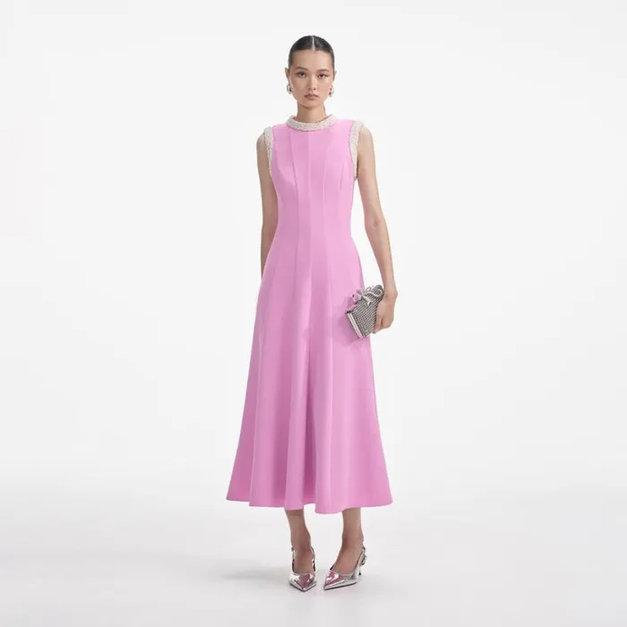 Pink Crepe Pearl Trim Midi Dress Women Self Portrait Wedding Guest