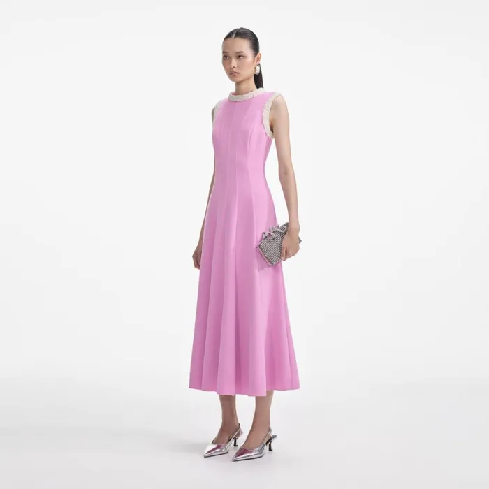Pink Crepe Pearl Trim Midi Dress Women Self Portrait Wedding Guest Pink Crepe Pearl Trim Midi Dress Women Self Portrait Wedding Guest