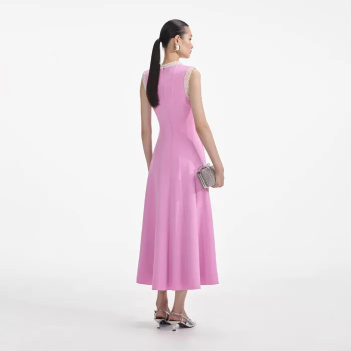 Pink Crepe Pearl Trim Midi Dress Women Self Portrait Wedding Guest Pink Crepe Pearl Trim Midi Dress Women Self Portrait Wedding Guest