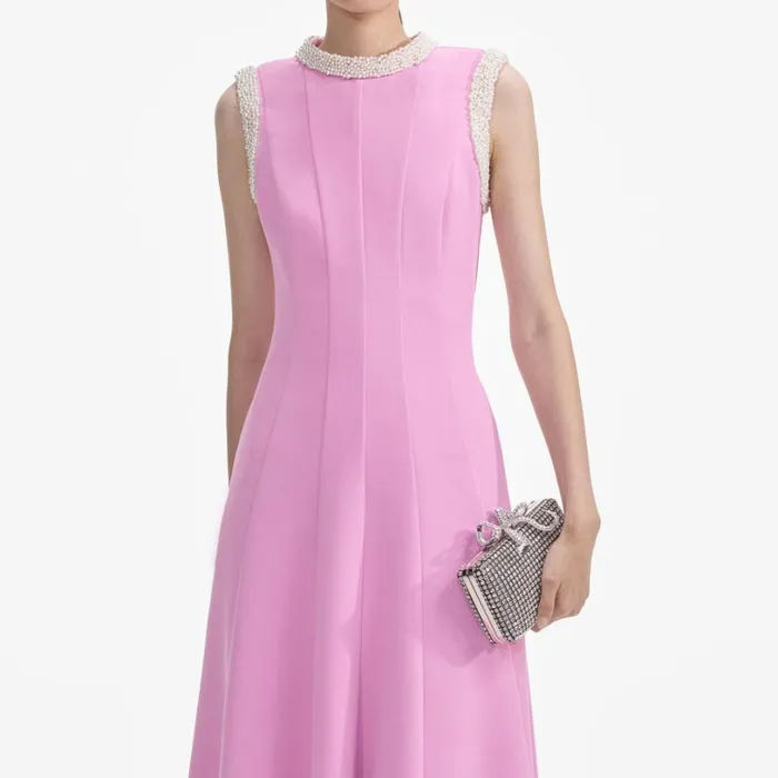 Pink Crepe Pearl Trim Midi Dress Women Self Portrait Wedding Guest Pink Crepe Pearl Trim Midi Dress Women Self Portrait Wedding Guest