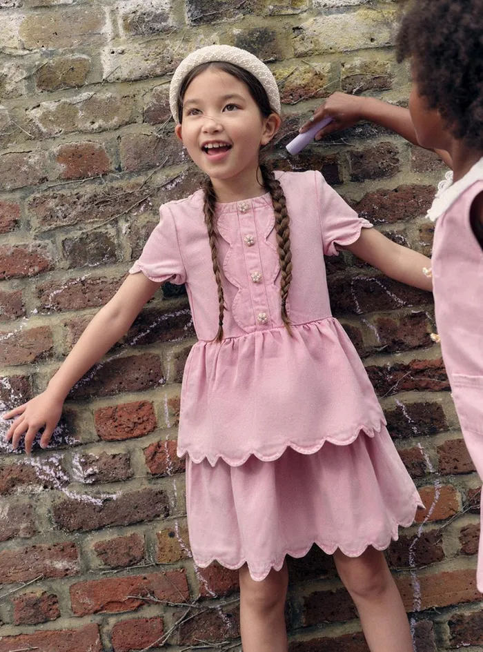 Pink Denim Mini Dress With Scallop Hem Kids Self Portrait Party Dresses