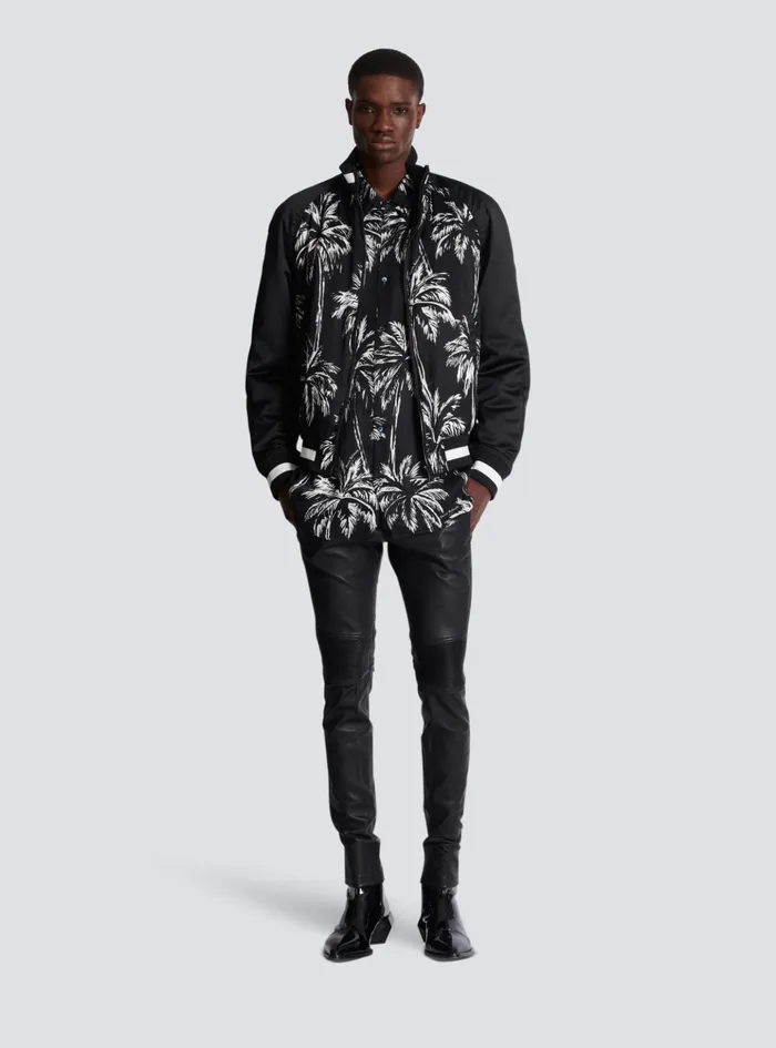 Printed Satin Palm Tree Bomber Jacket Black Men Balmain Outerwear
