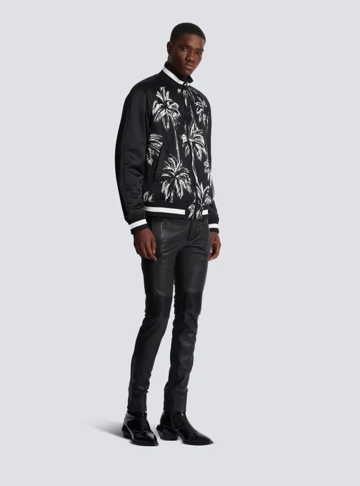 Printed Satin Palm Tree Bomber Jacket Black Men Balmain Outerwear