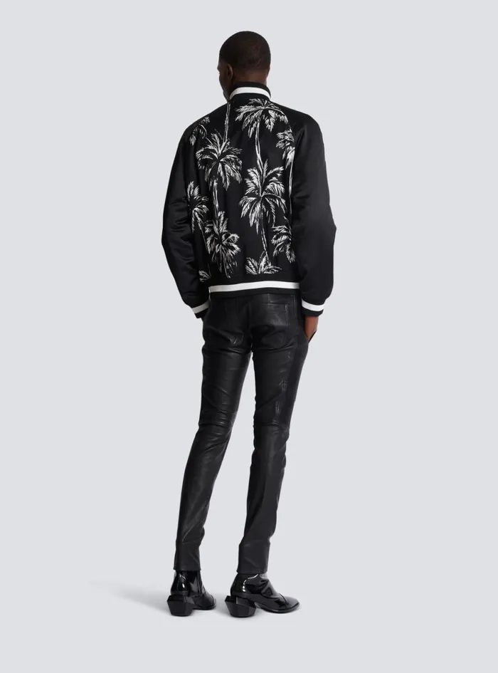 Printed Satin Palm Tree Bomber Jacket Black Men Balmain Outerwear