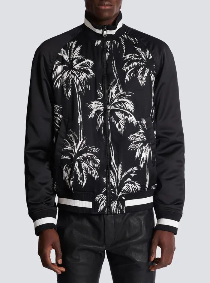 Printed Satin Palm Tree Bomber Jacket Black Men Balmain Outerwear