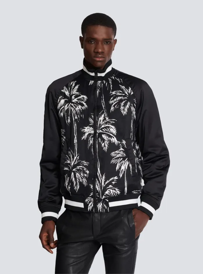 Printed Satin Palm Tree Bomber Jacket Black Men Balmain Outerwear