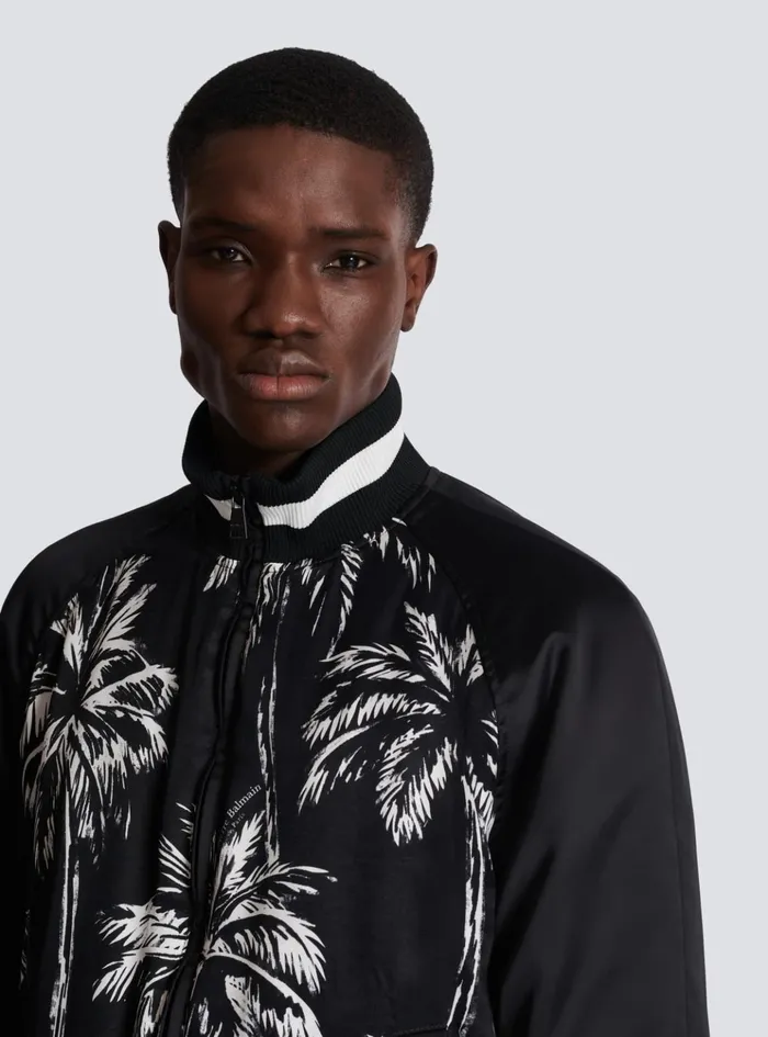 Printed Satin Palm Tree Bomber Jacket Black Men Balmain Outerwear