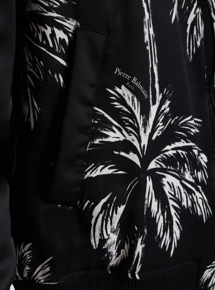 Printed Satin Palm Tree Bomber Jacket Black Men Balmain Outerwear