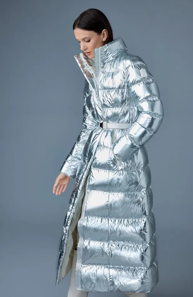 Puffers Women Mackage CALINAM Metallic Laminate Down Maxi Coat Silver