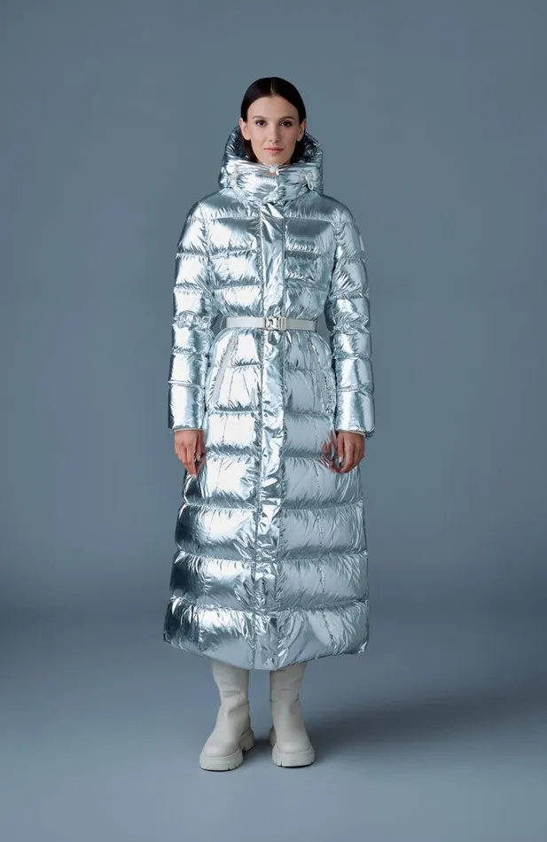 Puffers Women Mackage CALINAM Metallic Laminate Down Maxi Coat Silver