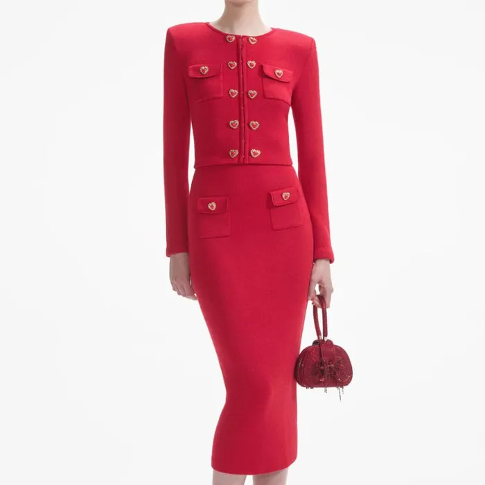 Red Knit Heart Buttoned Cardigan Women Self Portrait Tops