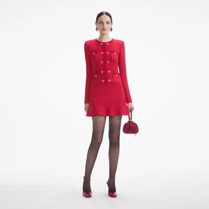 Red Knit Heart Buttoned Mini Dress Women Self Portrait Dresses