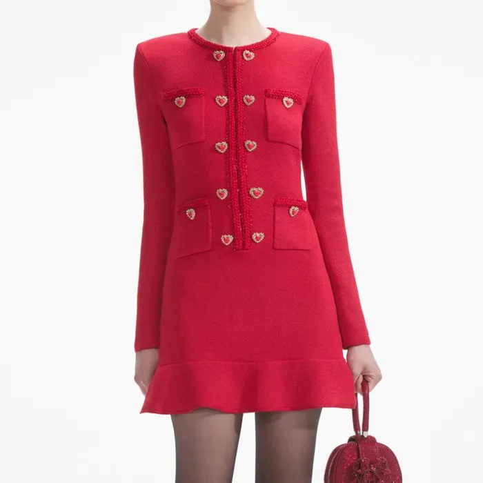 Red Knit Heart Buttoned Mini Dress Women Self Portrait Dresses