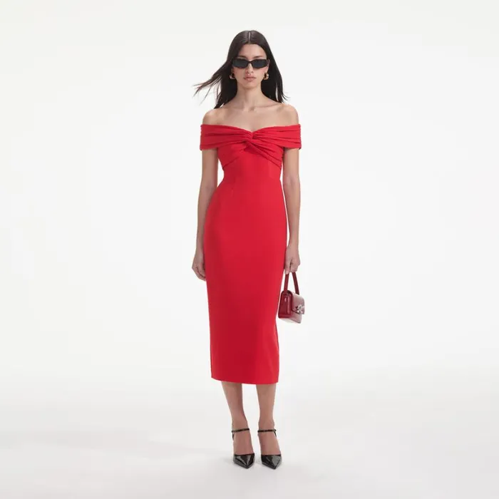 Red Off Shoulder Midi Dress Women Self Portrait Dresses