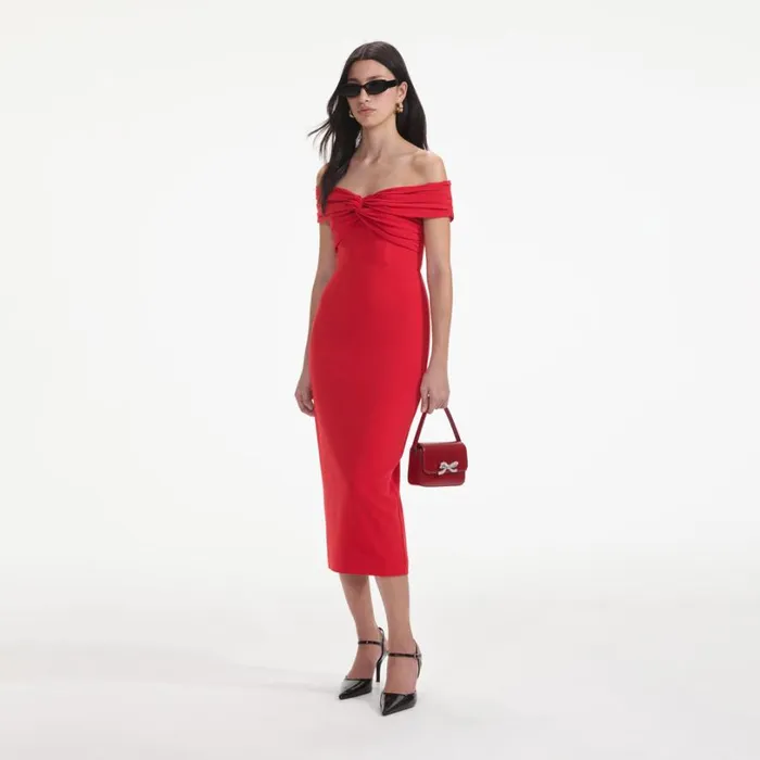 Red Off Shoulder Midi Dress Women Self Portrait Dresses
