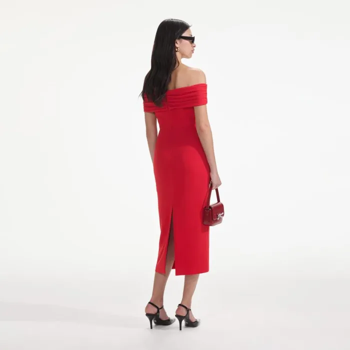 Red Off Shoulder Midi Dress Women Self Portrait Dresses