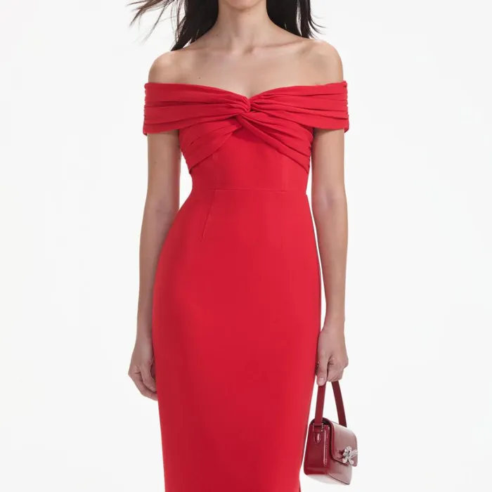 Red Off Shoulder Midi Dress Women Self Portrait Dresses