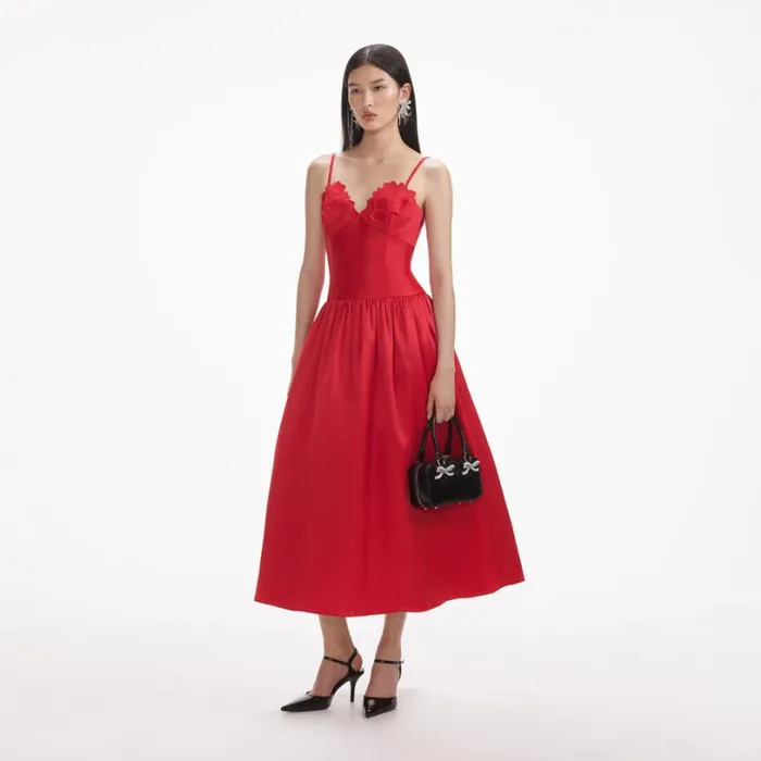Red Taffeta Midi Dress Women Self Portrait Dresses