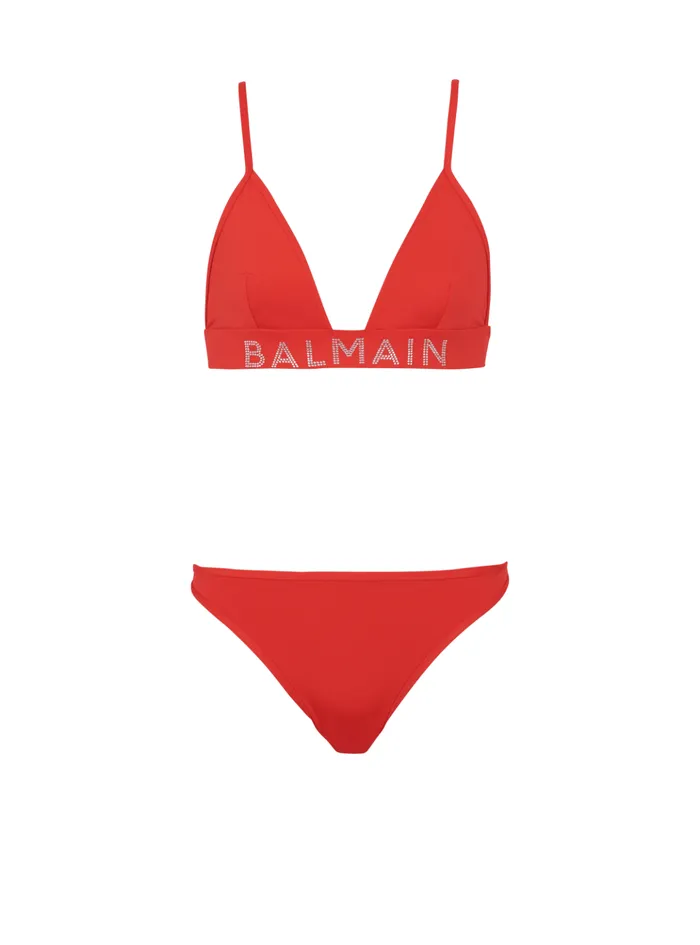 Rhinestoned Triangle Bikini Red Women Balmain Swimwear