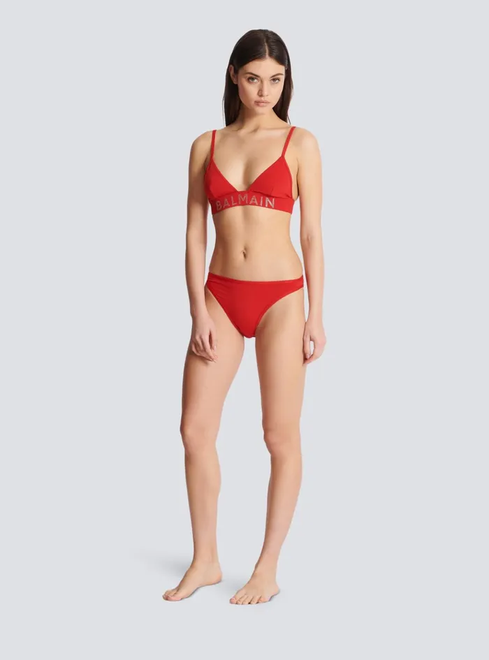 Rhinestoned Triangle Bikini Red Women Balmain Swimwear