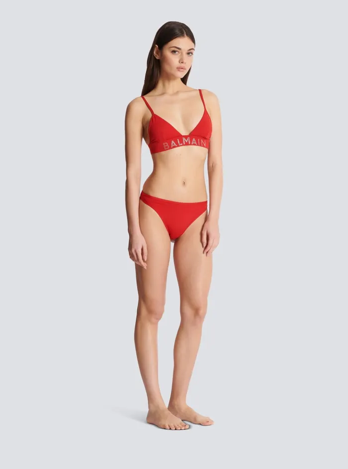 Rhinestoned Triangle Bikini Red Women Balmain Swimwear
