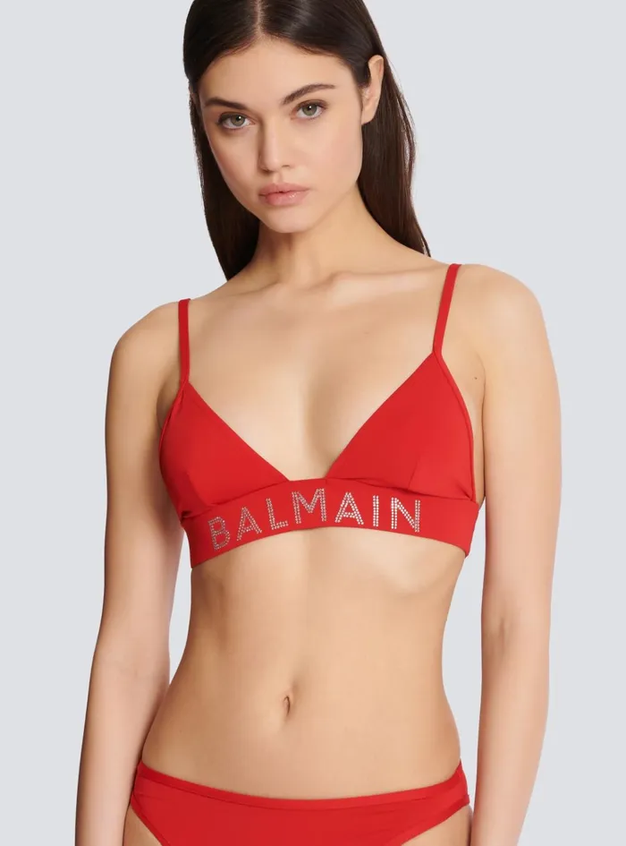 Rhinestoned Triangle Bikini Red Women Balmain Swimwear