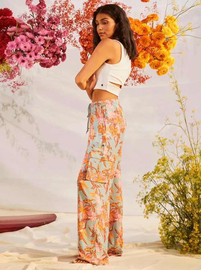 Roxy Pants and Jeans Precious High Waist Cargo Pants Blue Surf Kartoffel Tropical 8211 Women