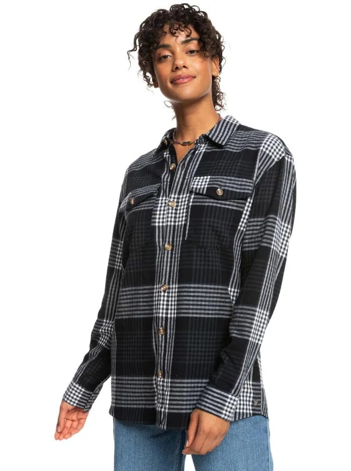 Roxy Tops Let It Go Flannel Long Sleeve Shirt Anthracite Hallo Plaid 8211 Women