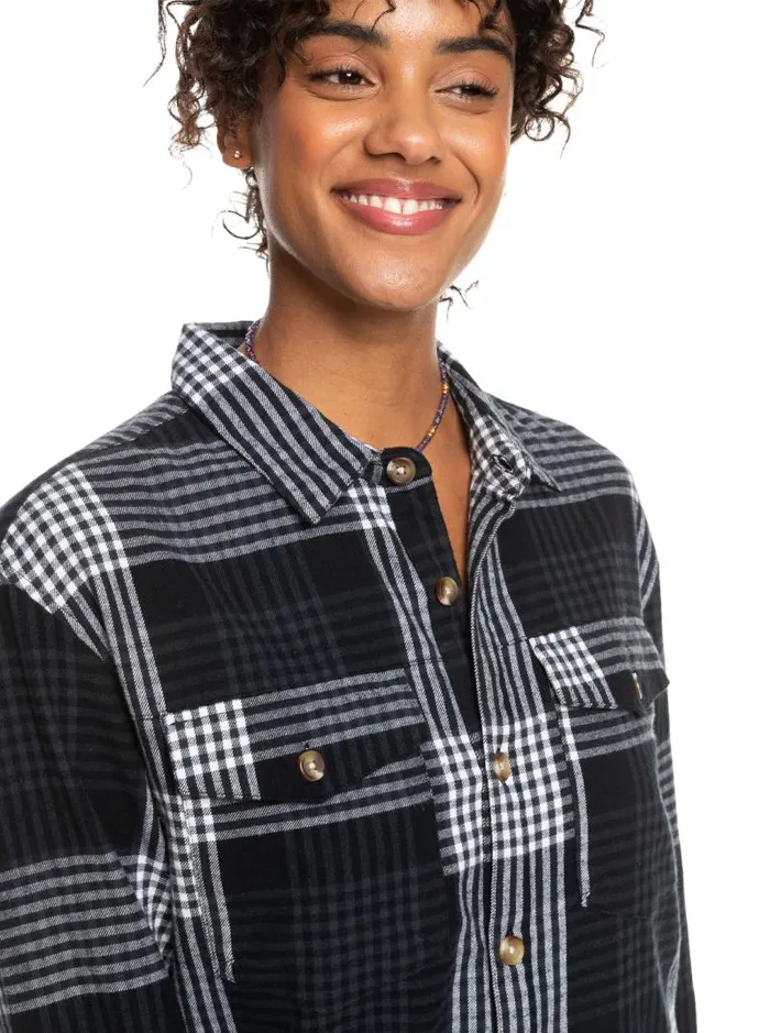 Roxy Tops Let It Go Flannel Long Sleeve Shirt Anthracite Hallo Plaid 8211 Women
